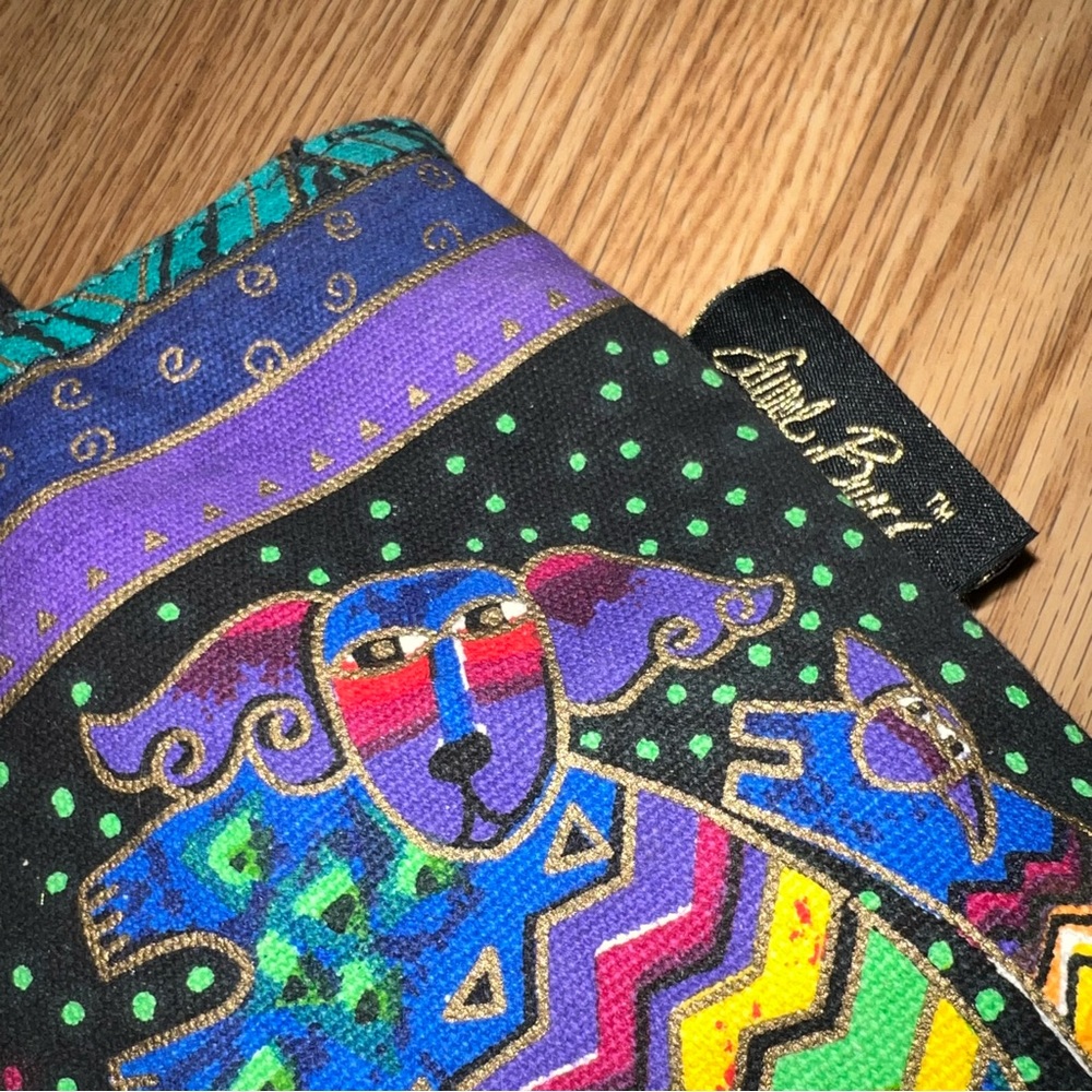 Laurel Burch printed Canvas Plastic Lined Puppies Black Bag - Picture 5 of 10
